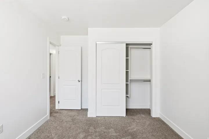 Wall-to-wall carpeting, bright white walls, white trim, white interior doors, and a built-in closet system with shelving and hanging rods