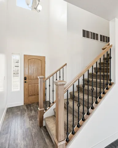 Two-story foyer with a skylight, wood-finish flooring, a wood entry door, and a carpeted staircase with decorative metal balusters and wood newel posts