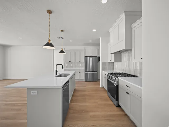 Kitchen featuring white cabinetry, a large island with an undermount sink, stainless steel appliances, and wood-finish flooring