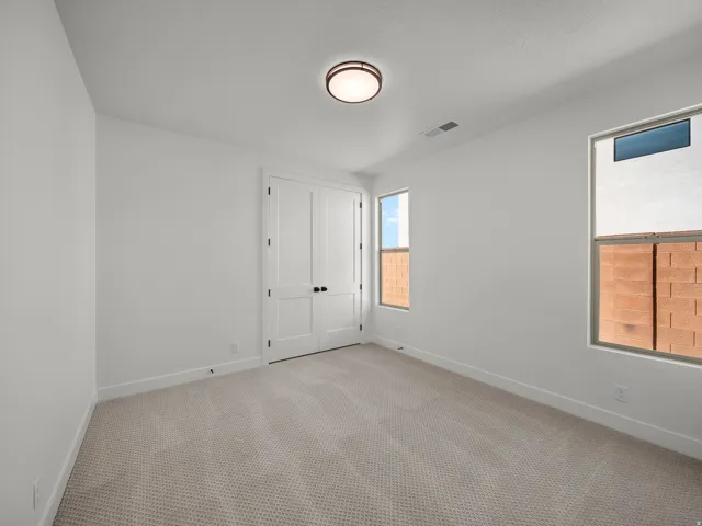 Plush carpet flooring, white walls, two windows, and a flush mount ceiling light fixture