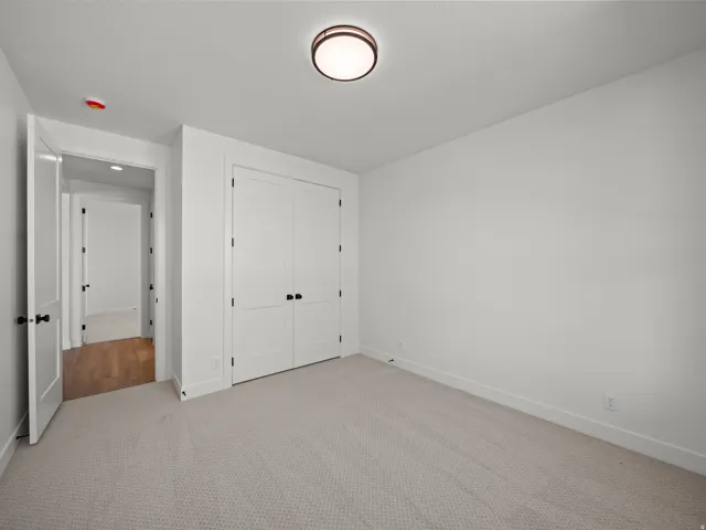 Neutral wall color, wall-to-wall carpeting, contemporary flush mount lighting, white paneled doors, and matte black hardware