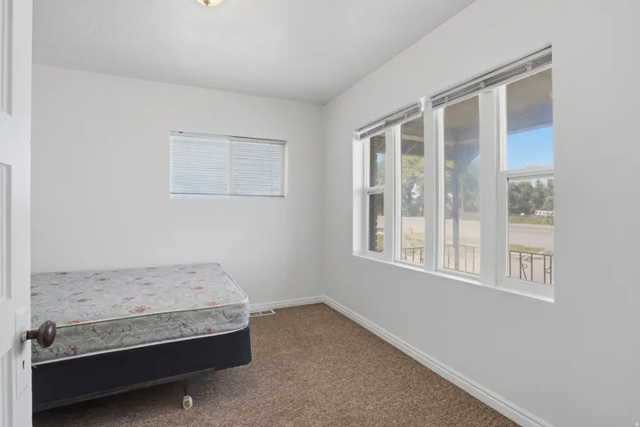 White wall paint, neutral carpet flooring, three-pane window, and a single window with blinds