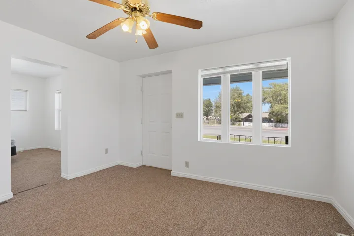 Neutral wall paint, carpet flooring, ceiling fan, and multiple windows