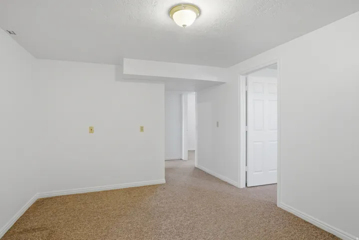 Carpeted room with white walls, a flush-mount ceiling light fixture, and a white paneled interior door