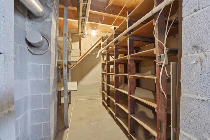 Concrete block walls, exposed ceiling joists, extensive built-in shelving, concrete flooring, and an overhead lighting fixture