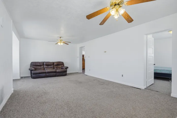 Spacious primary living area featuring neutral carpeting, dual ceiling fans with brass fixtures, and abundant natural light from multiple windows