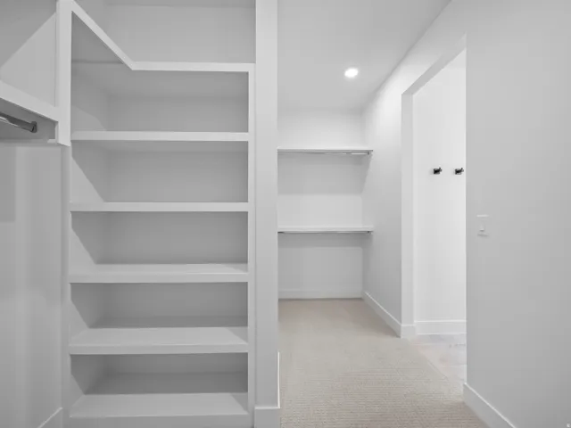Built-in shelving, integrated closet rods, recessed ceiling lighting, wall-mounted hooks, and neutral carpet flooring