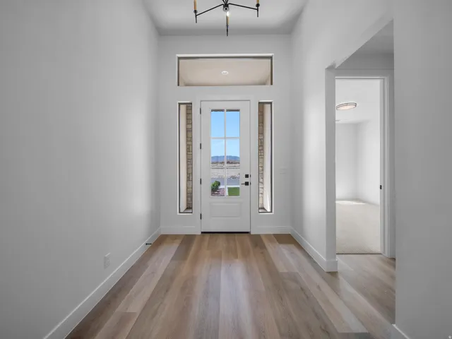 Entryway featuring wood-finish flooring, a contemporary chandelier, and a glass-paneled entry door with sidelights and a transom window