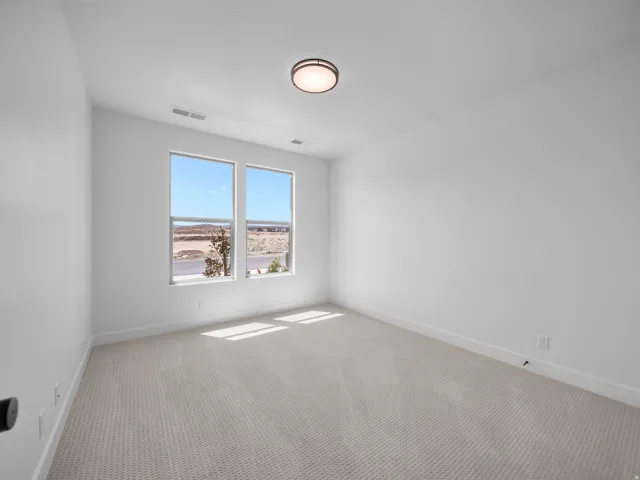 Neutral-toned carpet flooring, white walls, two large windows, and a flush-mount ceiling light fixture