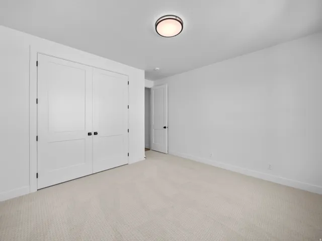 Neutral carpeted flooring, white walls, and a contemporary flush-mount ceiling light