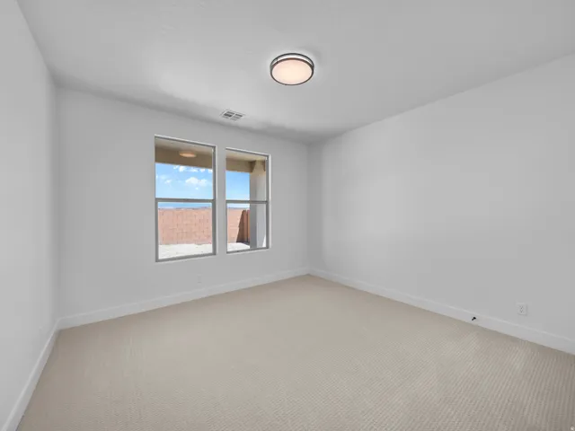 Recessed windows with desert scenery, white walls, and neutral carpeting