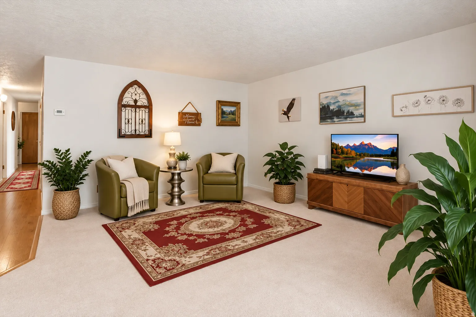 Neutral wall paint, light-toned carpeting, and wood-finish flooring