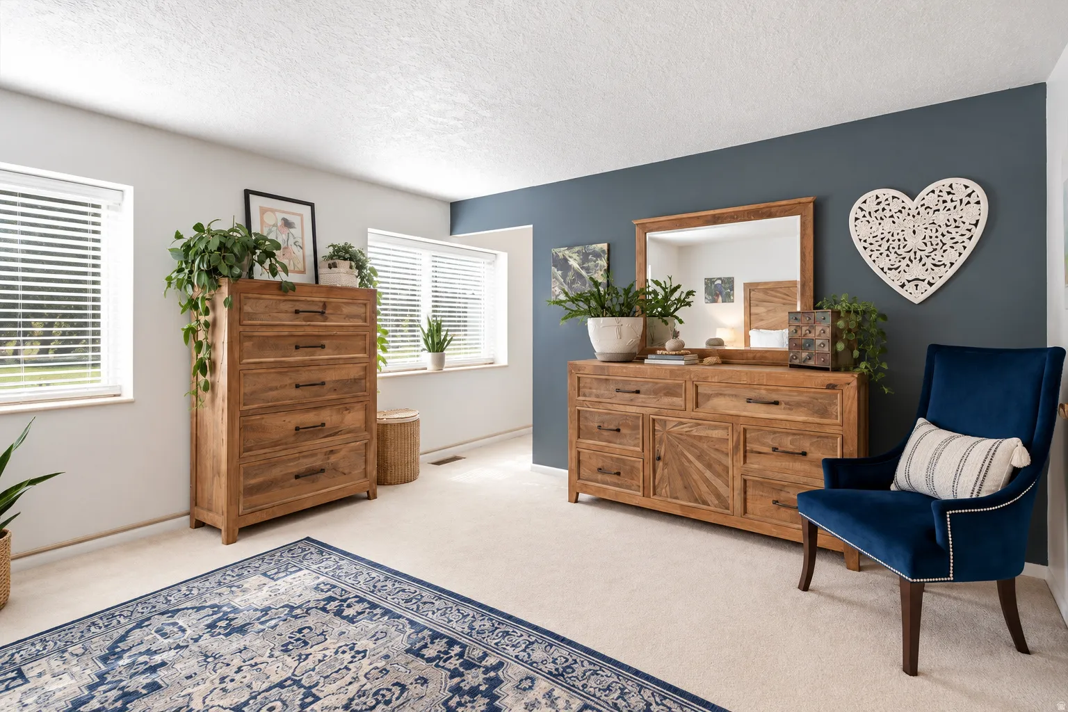 Carpeted flooring with light-toned walls and a contrasting accent wall