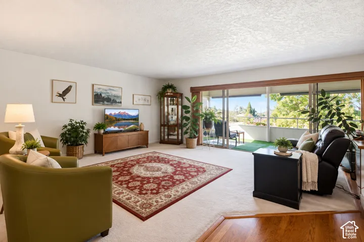 Spacious living area featuring light-colored carpeting, a step-down entry with wood-finish flooring, and white wall finishes