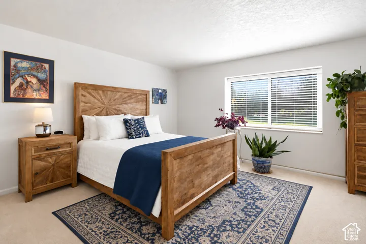 Window with blinds, wall-to-wall carpeting, and light-toned walls