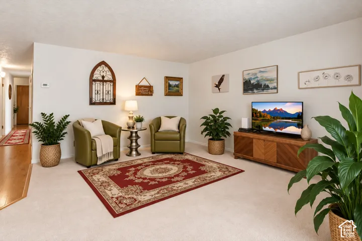 Neutral wall paint, light-toned carpeting, and wood-finish flooring