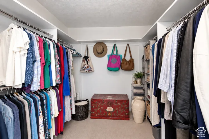 Built-in closet system with multiple hanging rods, overhead shelving, and carpeted flooring