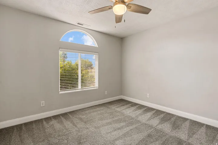 Arched transom window, window blinds, ceiling fan, and gray carpeted flooring