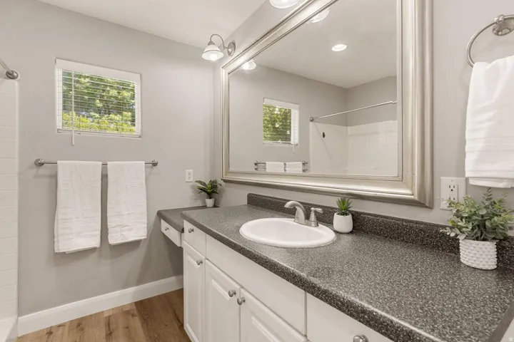 Wood-finish flooring with a white vanity featuring a built-in sink, stainless steel faucet, and speckled dark countertop