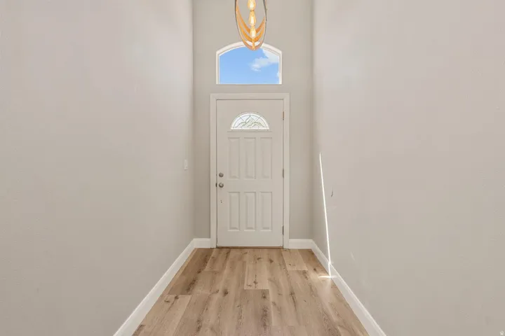 Entryway with wood-finish flooring, a white paneled door with an arched window, and an arched transom window