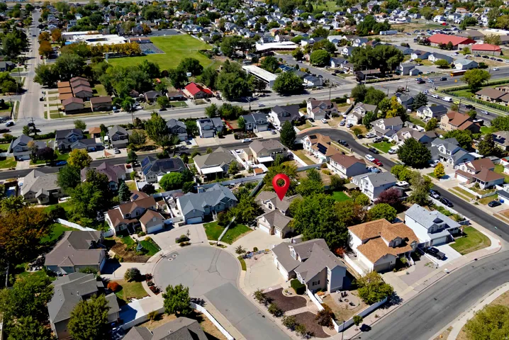 Aerial neighborhood overview highlighting residential properties
