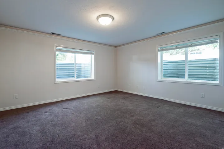 Wall-to-wall carpeting with light-toned walls, two windows, and crown molding