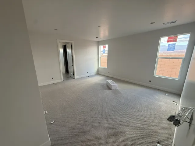 Recessed ceiling lighting, light gray wall paint, light gray carpeting, and two windows