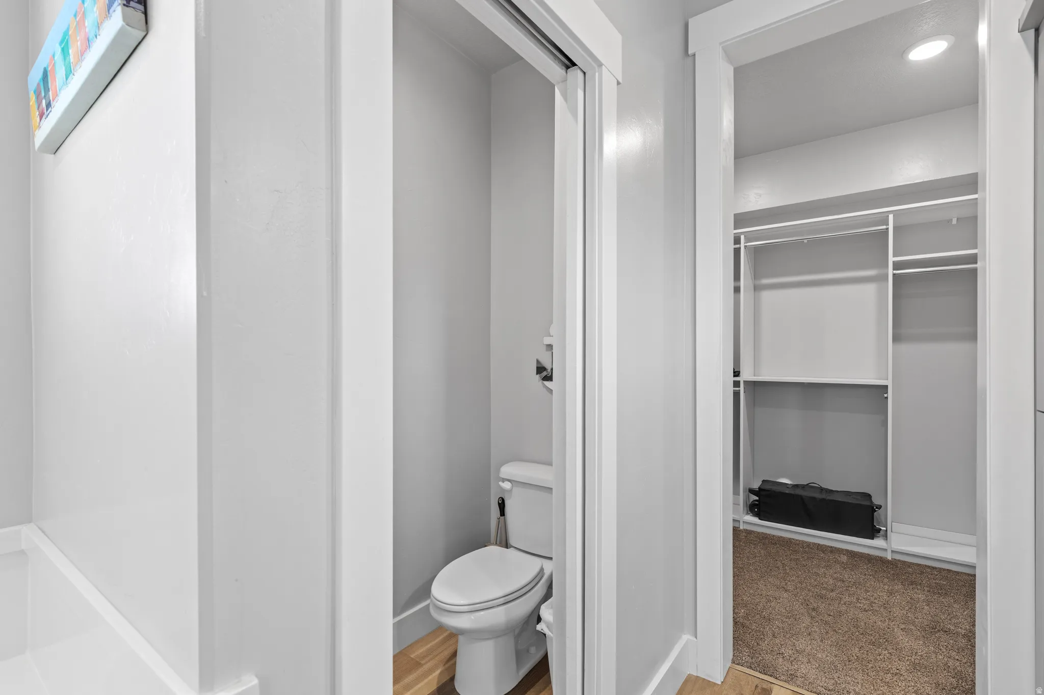 Built-in closet shelving, toilet, and wood-finish flooring