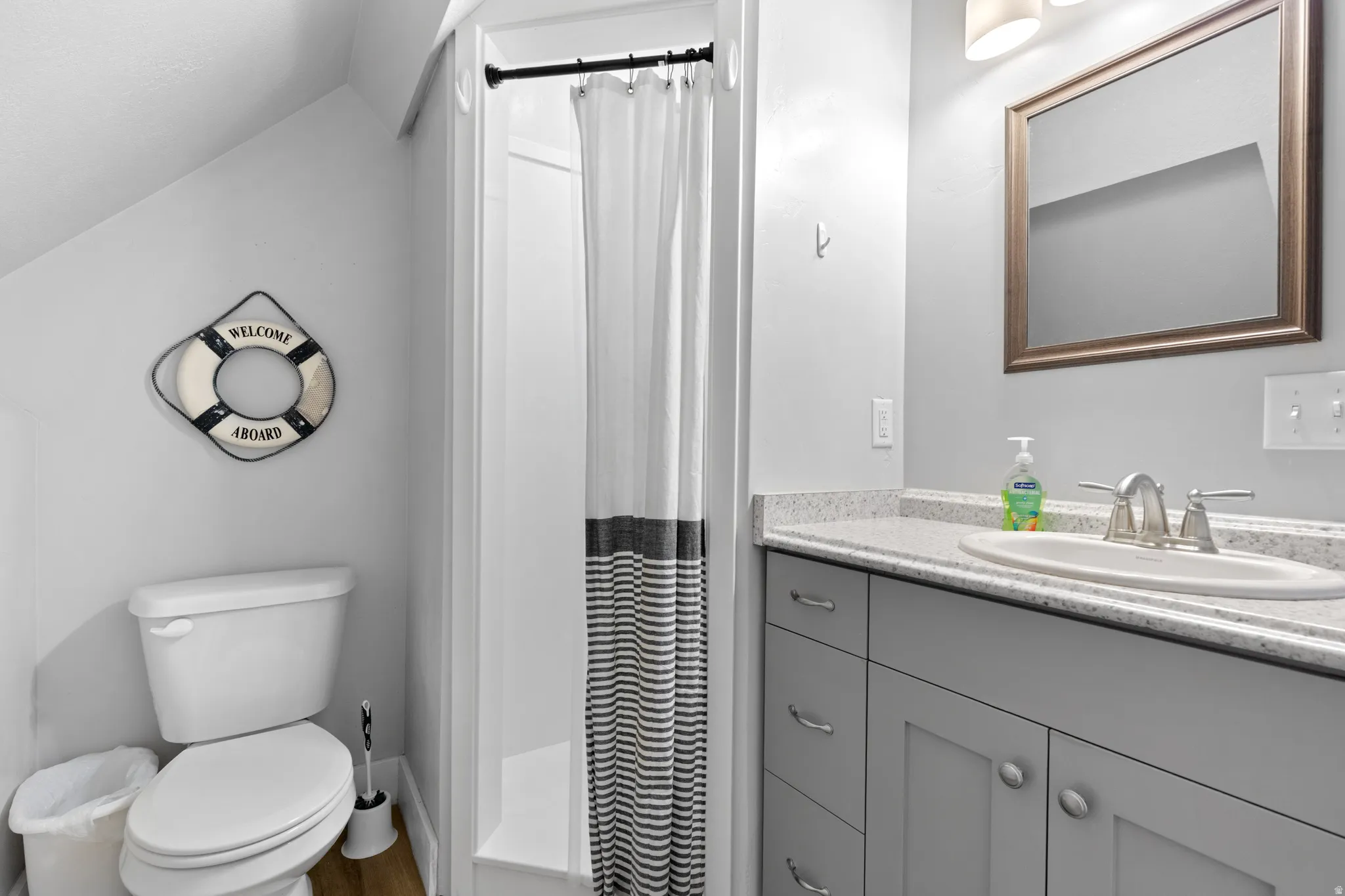 Bathroom featuring a standing shower with a curtain rod, a toilet, a vanity with an integrated sink, a mounted mirror, and wood-finish flooring
