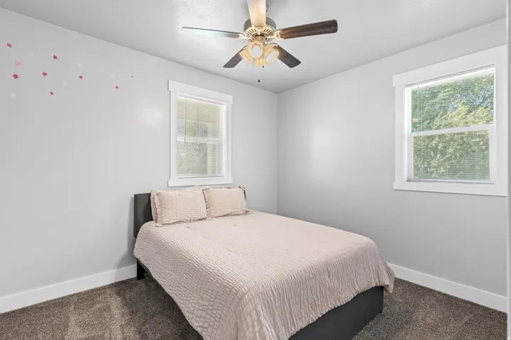 Plush carpeting, two large windows, a ceiling fan with integrated lighting, and crisp white trim