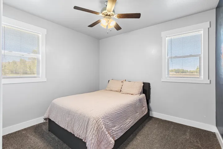Carpeted room featuring two windows with white trim, a ceiling fan with integrated lighting, and light grey wall finishes