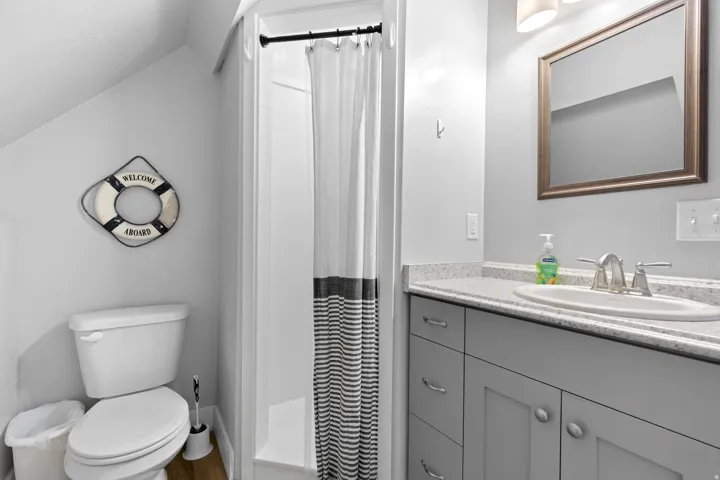 Bathroom featuring a standing shower with a curtain rod, a toilet, a vanity with an integrated sink, a mounted mirror, and wood-finish flooring
