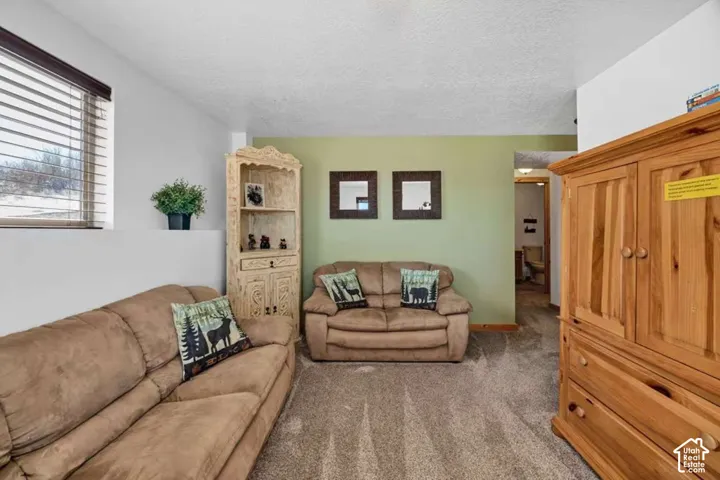 Window with horizontal blinds, textured ceiling, light green accent wall, and a wood-finish corner cabinet
