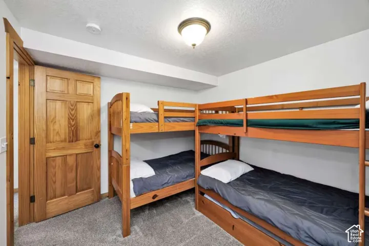 Wall-mounted light fixture, carpeted flooring, wood-finish door with panel detailing, and white painted walls