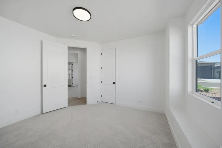 Neutral carpet flooring, white interior walls, white paneled doors with matte black hardware, a flush-mount ceiling light fixture, and a large window