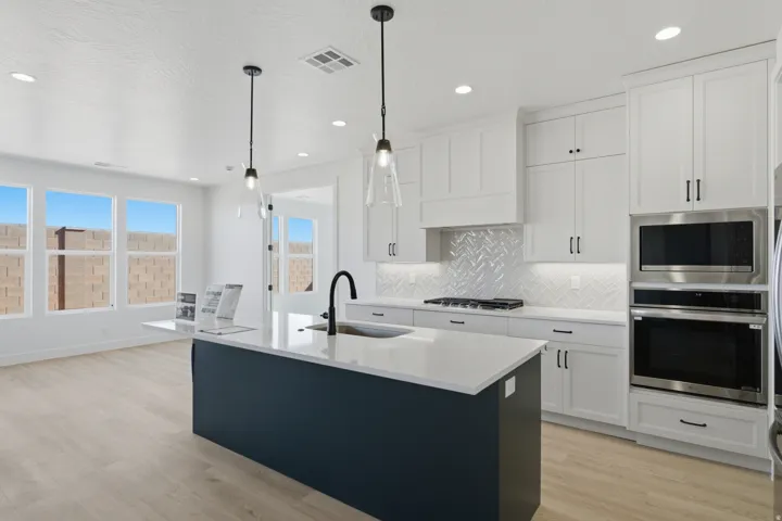 Modern kitchen featuring a central island with a built-in sink, white cabinetry, integrated stainless steel appliances, and wood-finish flooring