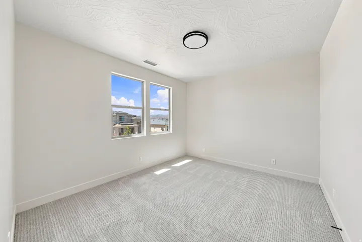 Neutral wall paint, textured ceiling, flush-mount ceiling light, and carpet flooring
