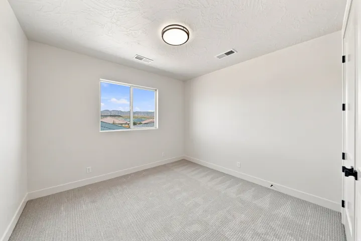 Bright room featuring neutral wall paint, textured ceiling, a window with outdoor scenery, light-toned carpet, and a modern flush-mount ceiling light