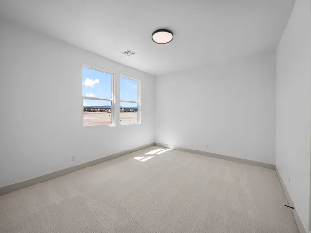 Bright interior space with soft carpet flooring, two large windows, a flush-mount ceiling light, and neutral wall tones