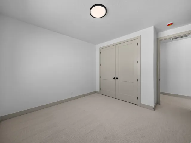 Neutral wall paint, plush carpet flooring, and a modern flush-mount ceiling light