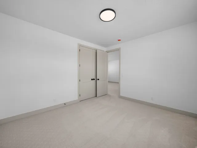 Neutral wall paint, carpeted flooring, trim, and modern flush-mount lighting