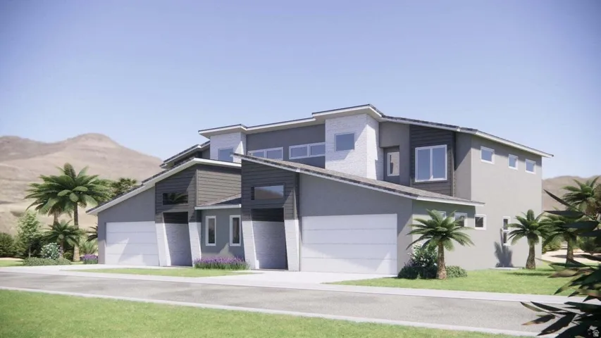 Contemporary home with stucco siding, a front lawn, and a garage