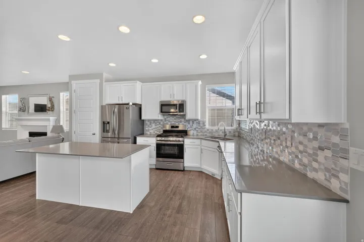 White cabinetry, stainless steel appliances, mosaic tile backsplash, wood-finish flooring, and recessed lighting