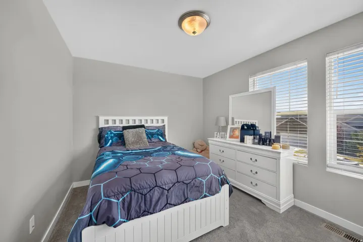 Recessed ceiling light fixture, twin windows with blinds, light gray wall paint, and gray carpet
