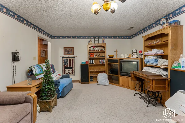 Wall-to-wall carpeting with a decorative border, complemented by a textured ceiling