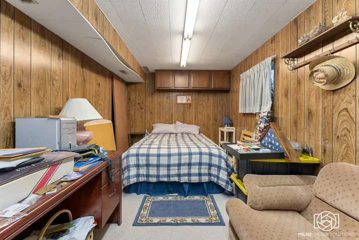 Wood-finish wall paneling, built-in cabinetry, and overhead fluorescent lighting