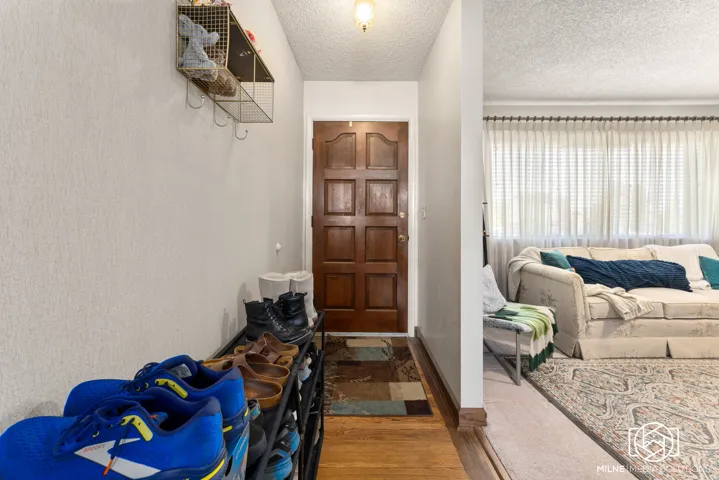 Wood-finish flooring at entry
