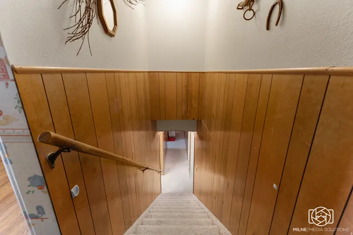 Carpeted staircase with wood paneling and a wooden handrail
