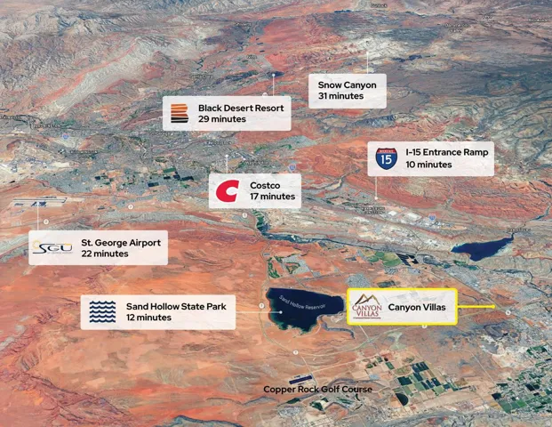 Aerial Map. Displaying the property's proximity to various landmarks and infrastructure, with travel times indicated