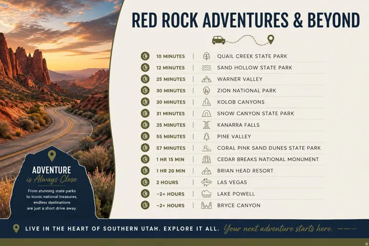 Marketing Brochure. Listing travel times to various destinations from a central location